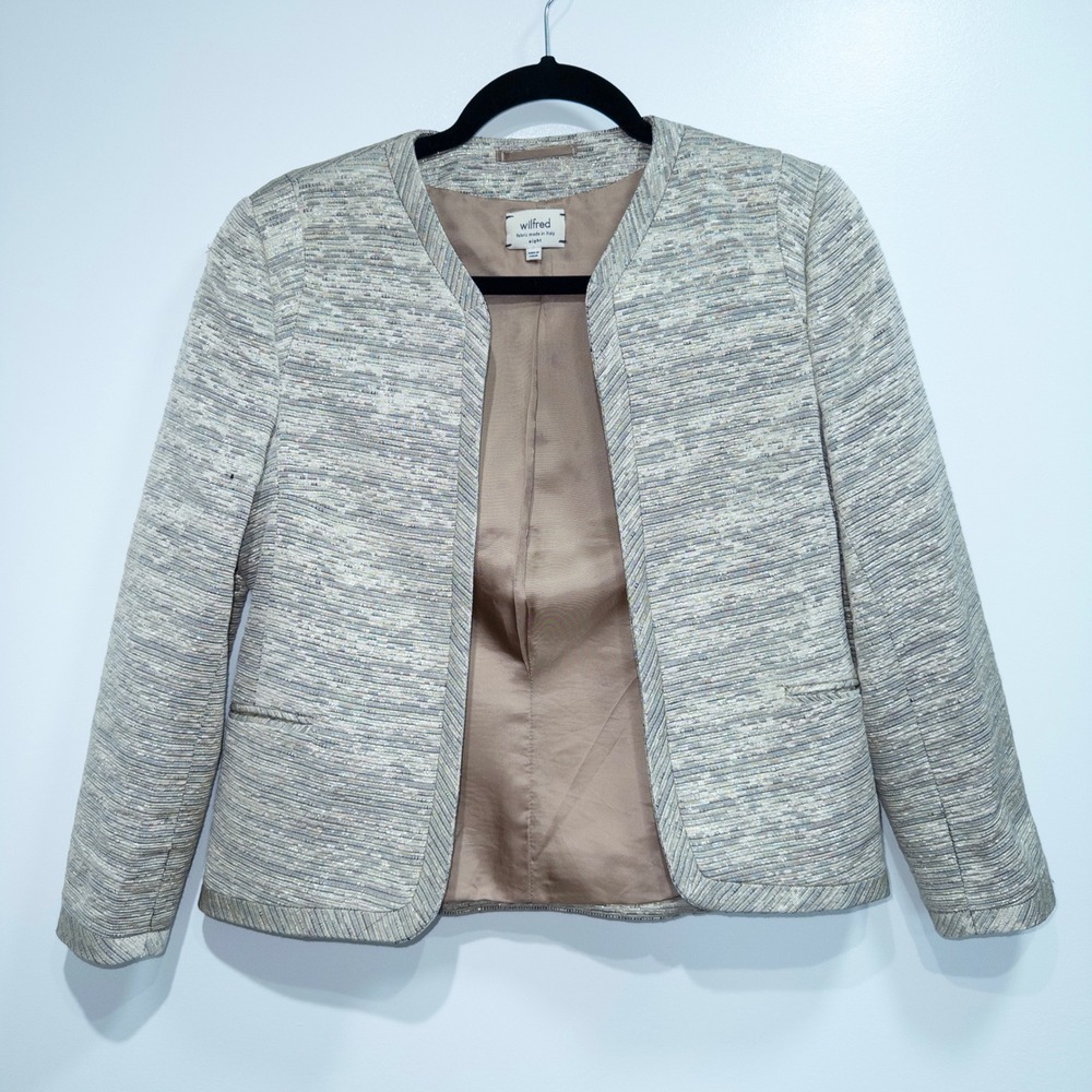 Wilfred Aritzia Exquis Beige Gold Metallic Cropped Dress Jacket Size 8